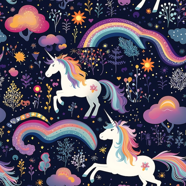 Modèle sans couture d'une licorne magique pittoresque au pays des merveilles délicieux rayonnant avec source d'inspiration