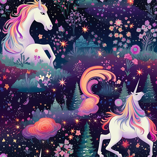 Modèle sans couture d'une magnifique licorne magique de rêve au pays des merveilles animé avec arc-en-ciel