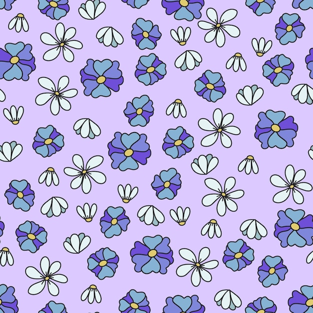 Modèle sans couture de marguerites et de fleurs bleues dans un style doodle sur fond lilas