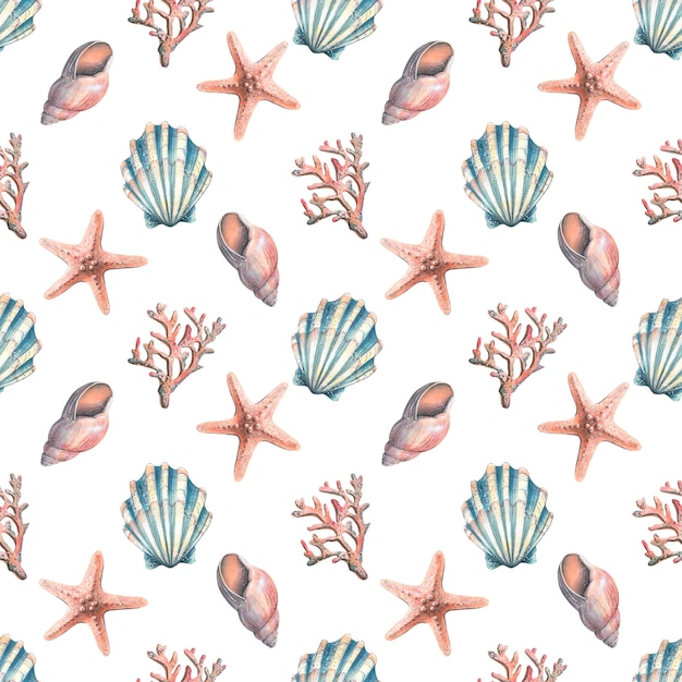 Modèle sans couture marin avec des coquilles de coraux et des étoiles de mer sur fond blanc Illustration à l'aquarelle d'un grand ensemble de MÉDUSE ET HIPPOCAMPE Pour les textiles en tissu et le papier peint