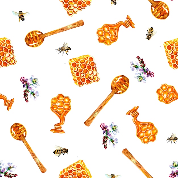 Modèle sans couture de miel avec des fleurs et des abeilles de sarrasin de nids d'abeilles de miel, illustration d'aquarelle.