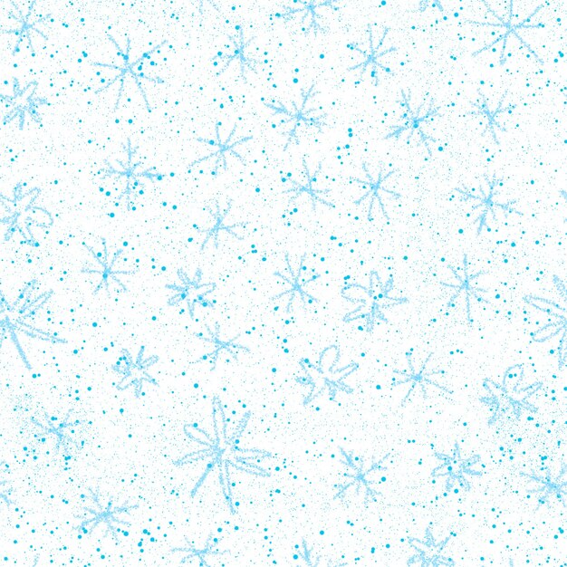 Modèle sans couture de Noël de flocons de neige bleus dessinés à la main. Flocons de neige volants subtils sur fond blanc. Superposition de neige dessinée à la main à la craie mignonne. Jolie décoration des fêtes de fin d'année.