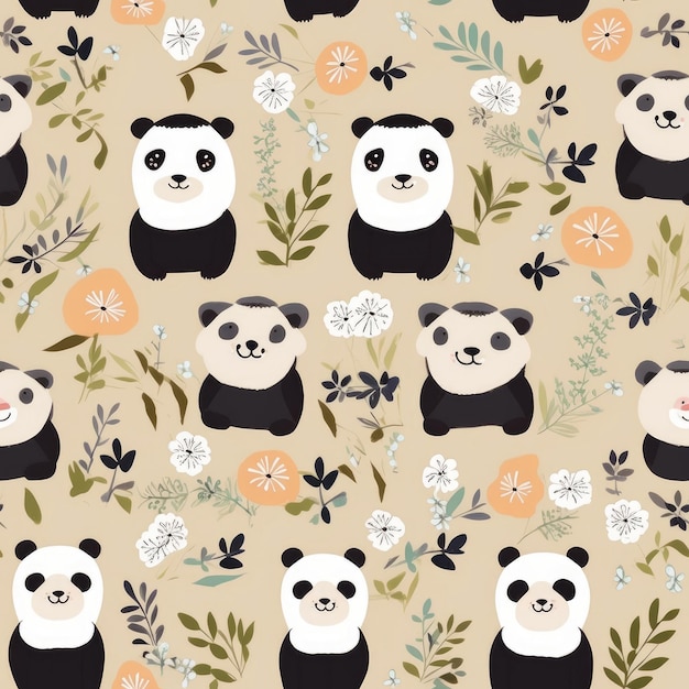 Un modèle sans couture avec des pandas et des fleurs.