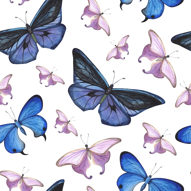 Modèle sans couture Papillon bleu et violet isolé sur blanc Illustration d'insectes dessinés à la main à l'aquarelle pour la conception