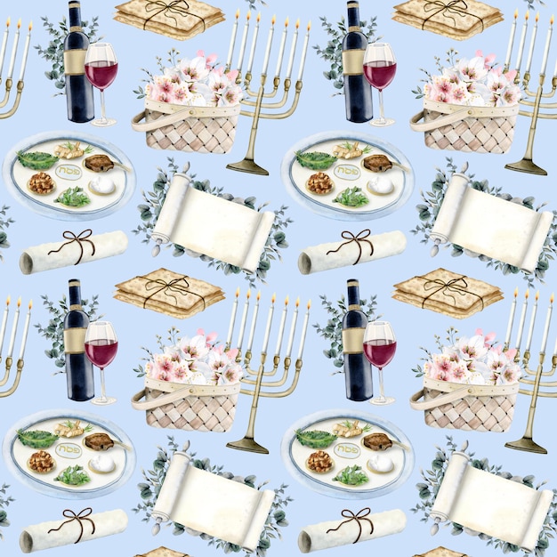 Modèle sans couture de Pâque bleue avec symboles aquarelles fleurs vin rouge menorah matzah plaque de seder