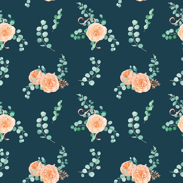 Modèle sans couture avec pêche et orange avec anglais Rose Austin Flower et Eucalyptus fond et Eucalyptus