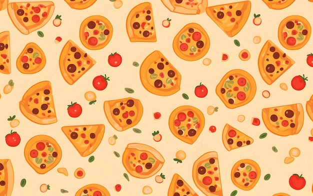 Modèle sans couture avec pizzas sur fond jaune.