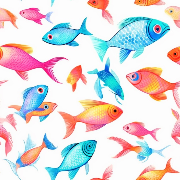 Modèle sans couture avec des poissons colorés sur fond blanc.