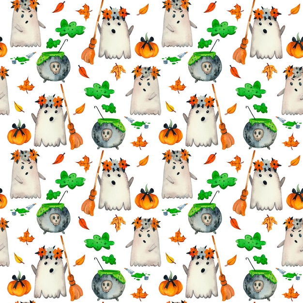 Modèle sans couture pour Halloween fantômes mignons feuilles d'automne citrouilles sur fond blanc