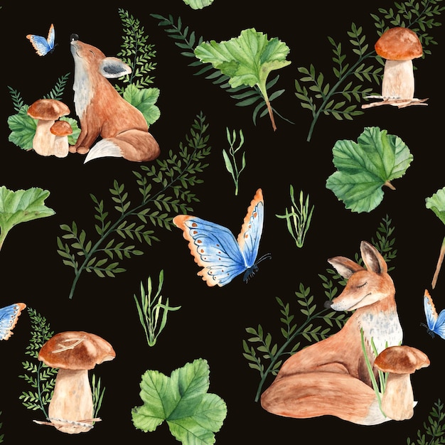 Modèle sans couture avec renards mignons champignons plantes vertes et papillon Illustration aquarelle