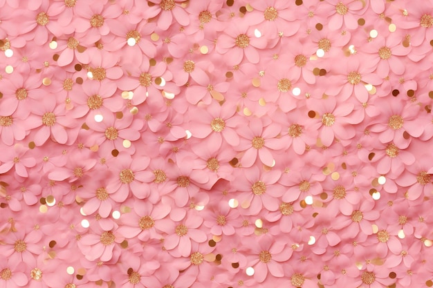 Modèle sans couture rose avec des fleurs et des paillettes dorées Applicable pour l'impression de papier d'emballage Fond avec des éléments brillants Texture reproductible Événement festif de célébration AI générative