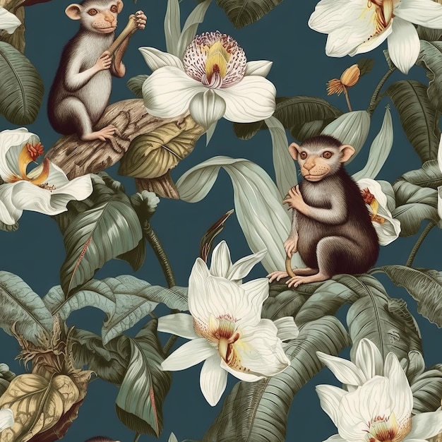 Modèle sans couture avec des singes sur un arbre avec des orchidées blanches.