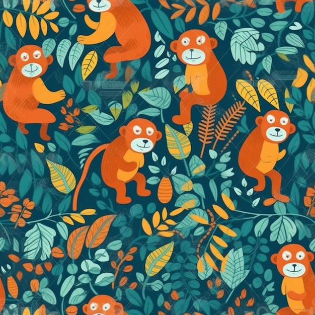 Un modèle sans couture avec des singes orange et bleus dans la jungle.