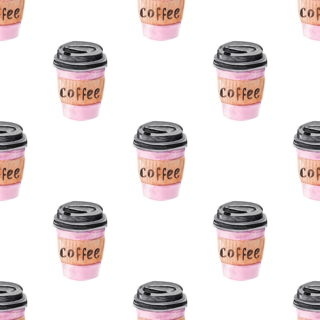 Modèle sans couture de tasse à café rose aquarelle sur fond blanc