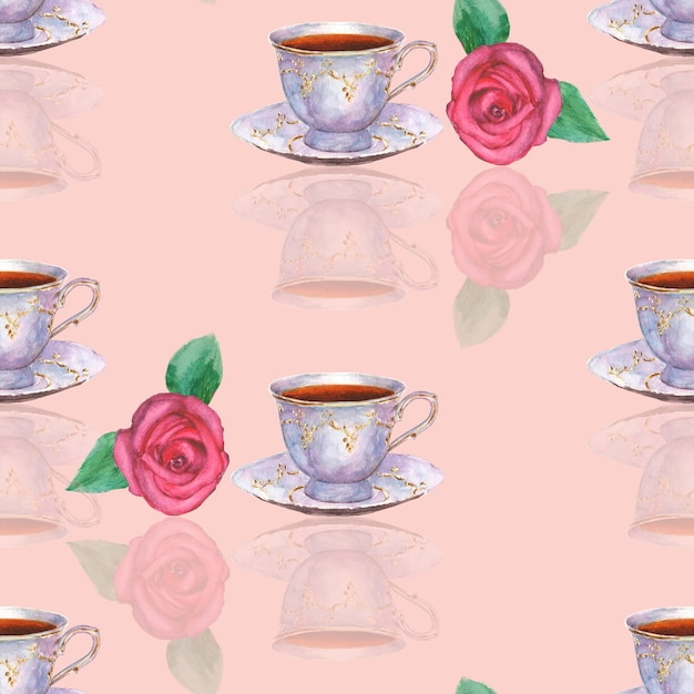 Modèle sans couture avec des tasses à thé en porcelaine dessinées à la main à l'aquarelle et des roses sur une surface rose clair