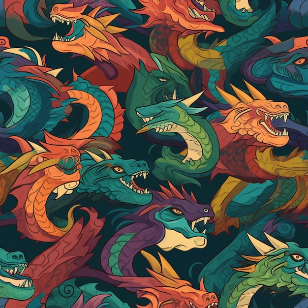 modèle sans couture de têtes de dragons colorés sur un fond sombre