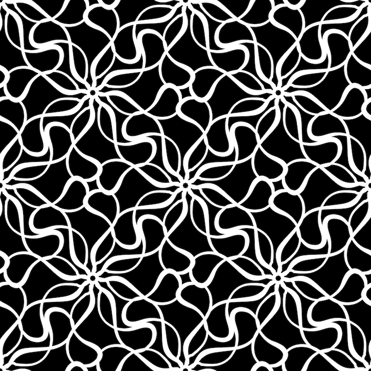 Photo modèle sans couture avec des tissages blancs abstraits sur fond noir. texture dentelle. texture pour l'impression, le tissu, le textile, le papier peint.
