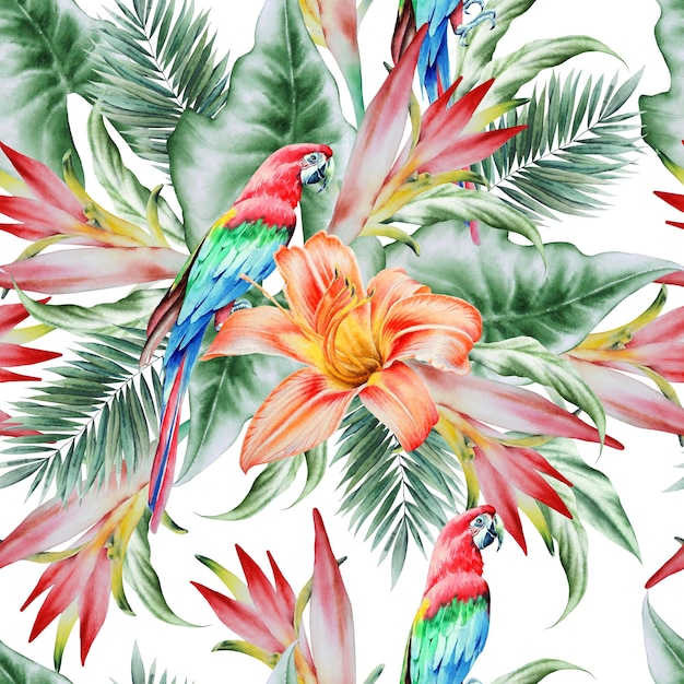 Modèle sans couture tropical lumineux avec des perroquets et des fleurs Palm Lily Illustration aquarelle Dessinés à la main