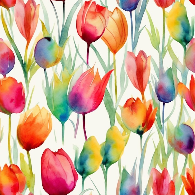 Un modèle sans couture de tulipes colorées sur fond blanc.