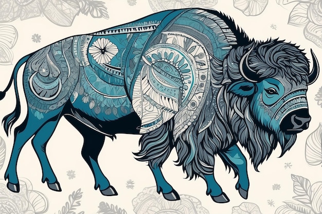 modèle sans couture vectoriel dessiné à la main avec du bison dans le style boho ou hippie