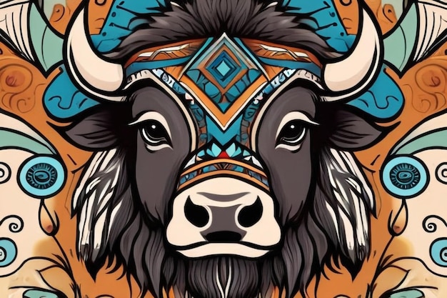 Photo modèle sans couture vectoriel dessiné à la main avec du bison dans le style boho ou hippie