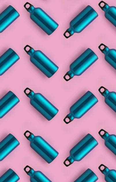 Modèle sans couture vertical en zigzag de bouteilles de couleur turquoise en acier inoxydable sur fond rose