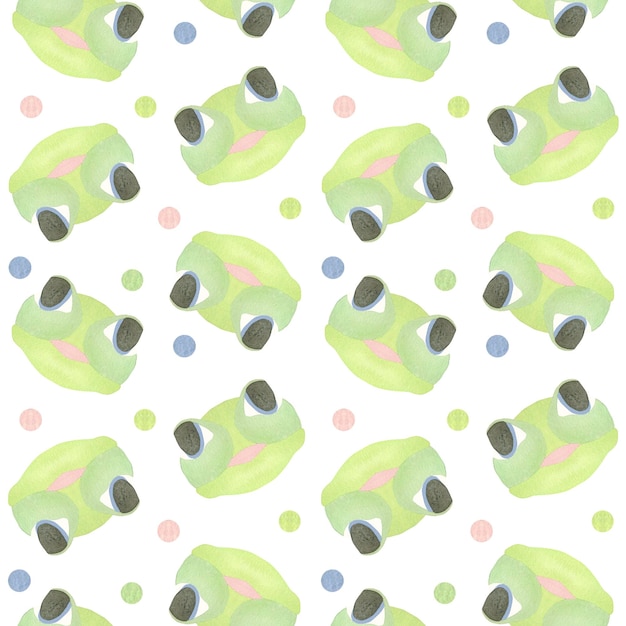 Modèle sans couture avec des visages de grenouille verte gaie et des cercles colorés Illustration aquarelle
