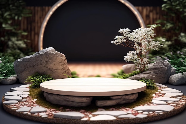 Modèle de scène de podium plat vide en bois avec des plantes Illustration générative ai