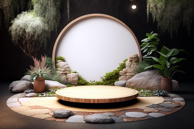 Modèle de scène de podium vide en bois à cercle plat avec des plantes pour l'affichage des produits