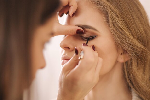 Le modèle se fait maquiller par une maquilleuse dans un salon de beauté