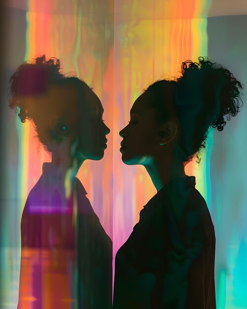 Photo modèle à silhouette dans un éclairage multicolore vibrant