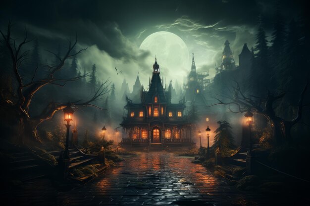 Photo modèle de site web d'halloween avec une maison hantée photo de haute qualité