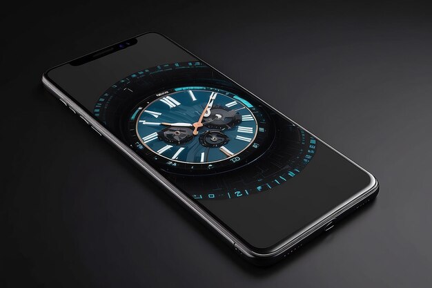 Photo modèle de smartphone numérique à écran blanc isolé sur noir avec affichage d'horloge rendu 3d