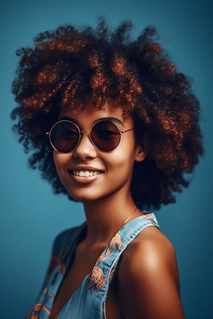 Modèle souriante belle femme noire avec des lunettes de soleil afro boucles de cheveux posant dans un studio bronzée