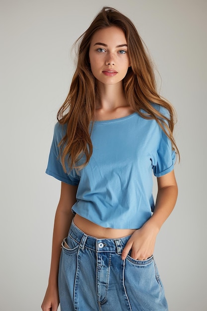 Modèle de style décontracté en T-shirt bleu et denim