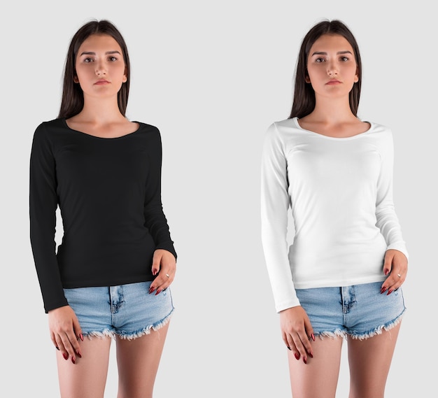 Modèle d'un sweat-shirt noir blanc sur une fille en short avec des cheveux noirs vue arrière pour la présentation