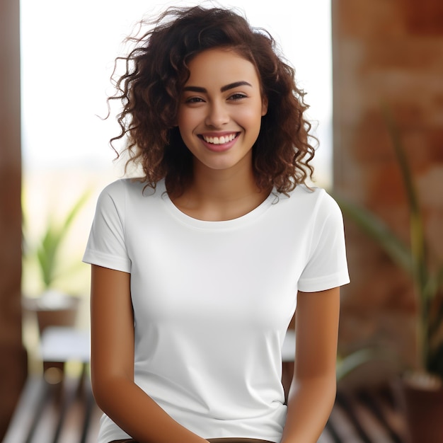 Modèle avec t-shirt blanc blanc cheveux bouclés vue avant souriant à la caméra