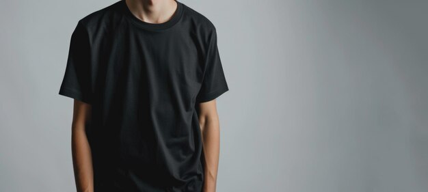 Modèle en T-shirt noir sur un fond clair Place pour le texte