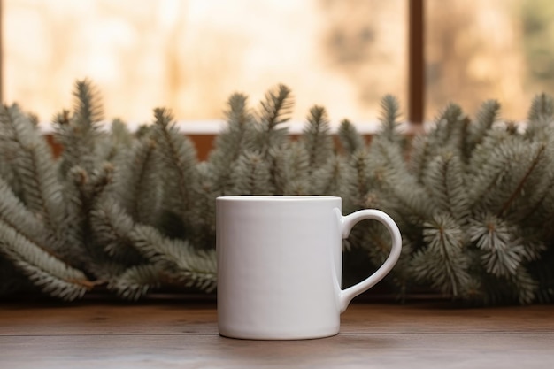 Modèle de tasse de café blanche avec des éléments de Noël en arrière-plan Illustration générative d'IA