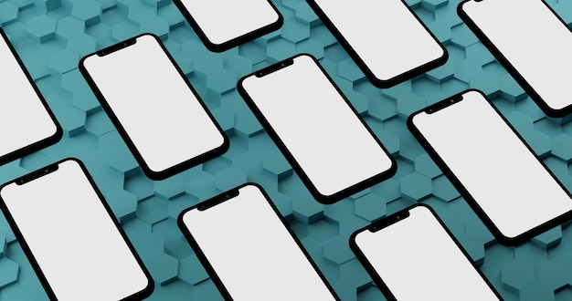 Modèle de téléphone intelligent flottant avec écran blanc vierge avec espace de copie pour ajouter votre image, texte ou annonce, sur un fond bleu hexagonal. Technologie sans fil Technologie 5G. Concept commercial d'investissement. Rendu 3D