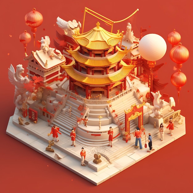 un modèle d'un temple chinois avec un fond rouge.