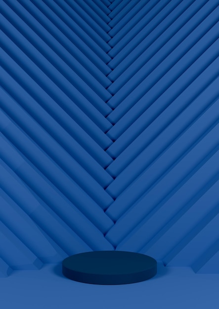 Modèle de triangle de support de cylindre d'affichage de produit minimal bleu foncé en arrière-plan pointant vers le produit