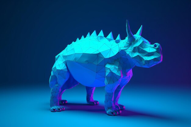 Un modèle de tricératops bleu et violet avec un tricératops vert sur la tête.