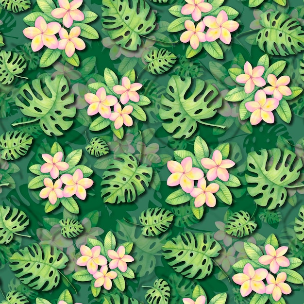 Modèle tropical d'illustration aquarelle avec des feuilles de monstère et des fleurs de plumeria