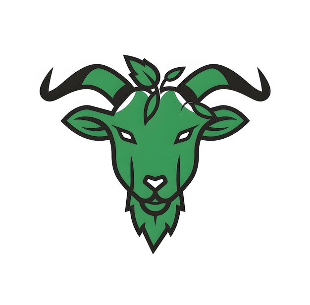 Photo modèle vectoriel de conception du logo de la mascotte à tête de chèvre tête de chêne avec des feuilles vertes