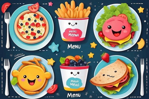 Photo modèle vectoriel de menu de repas pour enfants colorés et mignons