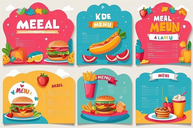 modèle vectoriel de menu de repas pour enfants colorés et mignons