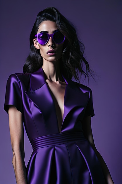 Modèle vêtue de vêtements violets élégants et de lunettes de soleil Generative Ai