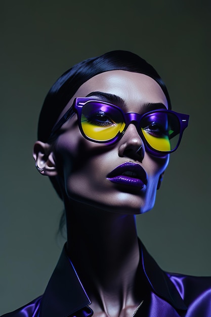 Modèle vêtue de vêtements violets élégants et de lunettes de soleil Generative Ai