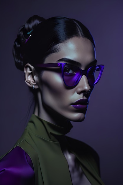 Modèle vêtue de vêtements violets élégants et de lunettes de soleil Generative Ai